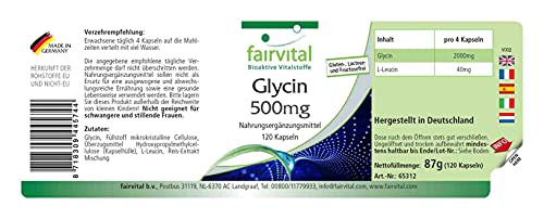 Fairvital | Glicina 500mg - VEGANA - Dosis elevada - Aminoácido - 120 Cápsulas - Calidad Alemana