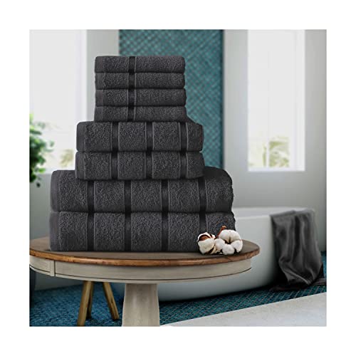 FAIRWAYUK Juego de 8 Toallas para baño, Ultra Suaves, absorbentes, 100% algodón Egipcio, 4 Caras, 2 Toallas de Mano, 2 Toallas de baño, Gris Oscuro