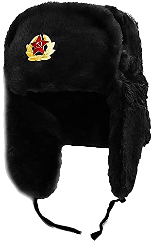 FAIRY TRENDZ LTD Sombrero de trampero ruso con insignia de piel sintética Ushanka cosaco Flaps sombrero cálido invierno sombrero, Negro, Talla única