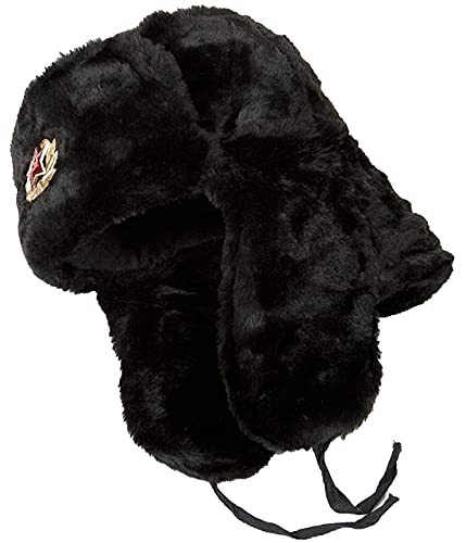 FAIRY TRENDZ LTD Sombrero de trampero ruso con insignia de piel sintética Ushanka cosaco Flaps sombrero cálido invierno sombrero, Negro, Talla única