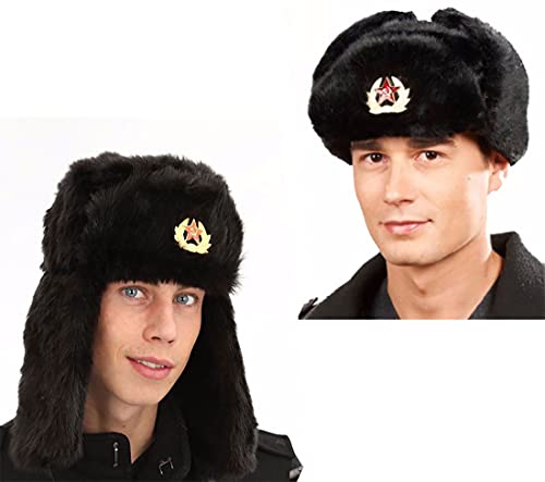 FAIRY TRENDZ LTD Sombrero de trampero ruso con insignia de piel sintética Ushanka cosaco Flaps sombrero cálido invierno sombrero, Negro, Talla única