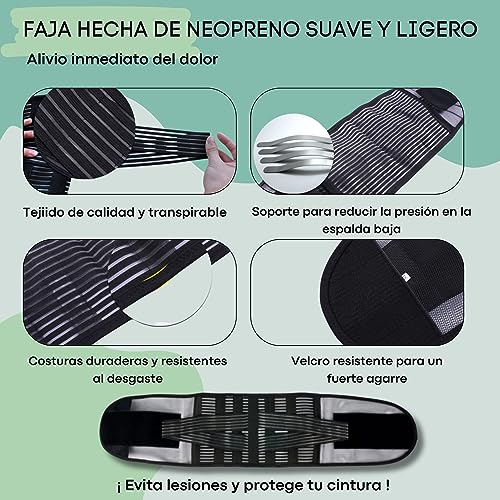 Faja Lumbar para Hombre y Mujer - Soporte Lumbar Alivia Dolor de Cintura y Espalda con Correas Doble Ajuste. Cinturón Lumbar Transpirable. Faja Lumbar Deportiva. Gratis parche de calor. Talla Univ.