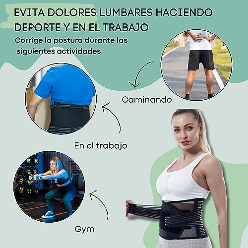 Faja Lumbar para Hombre y Mujer - Soporte Lumbar Alivia Dolor de Cintura y Espalda con Correas Doble Ajuste. Cinturón Lumbar Transpirable. Faja Lumbar Deportiva. Gratis parche de calor. Talla Univ.