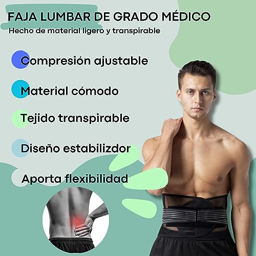 Faja Lumbar para Hombre y Mujer - Soporte Lumbar Alivia Dolor de Cintura y Espalda con Correas Doble Ajuste. Cinturón Lumbar Transpirable. Faja Lumbar Deportiva. Gratis parche de calor. Talla Univ.