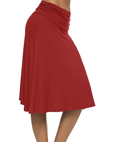 Falda Elegante Elástica hasta la Rodilla Falda Color Sólido Cintura Alta Midi Falda para Mujer (S, Rojo Viscosa)