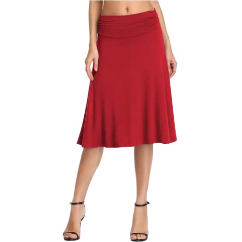 Falda Elegante Elástica hasta la Rodilla Falda Color Sólido Cintura Alta Midi Falda para Mujer (S, Rojo Viscosa)