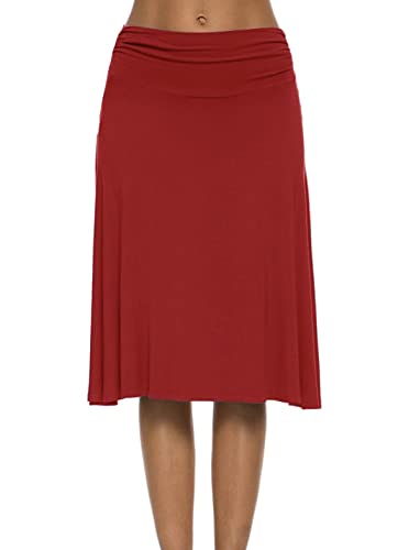 Falda Elegante Elástica hasta la Rodilla Falda Color Sólido Cintura Alta Midi Falda para Mujer (S, Rojo Viscosa)