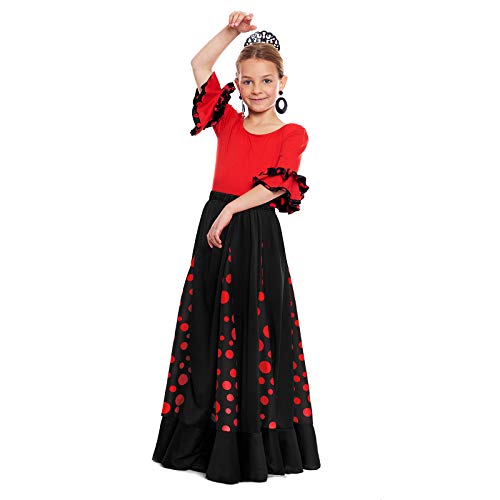 Falda Flamenca Niña Negra con Quillas Lunares Rojos [Tallas Infantiles 2 a 12 años]【Talla 8 años】 Ensayo Baile Danza Disfraz