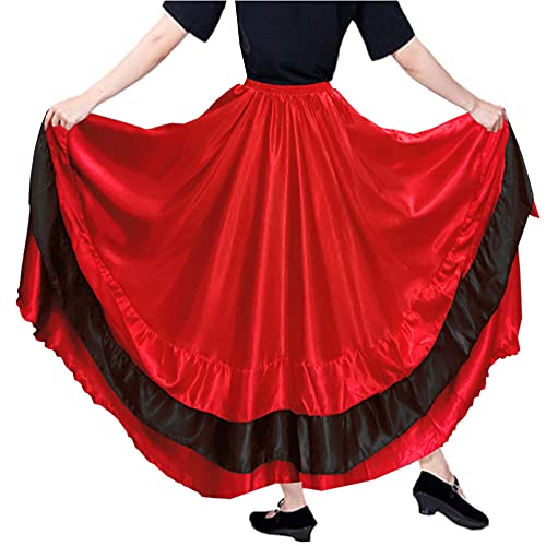 Falda larga de satén con capas negras y rojas para mujer para flamenco español, danza del vientre, gitana, México, ballet, folclorico, actuación, Tema Rojo