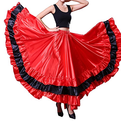 Falda larga de satén con capas negras y rojas para mujer para flamenco español, danza del vientre, gitana, México, ballet, folclorico, actuación, Tema Rojo