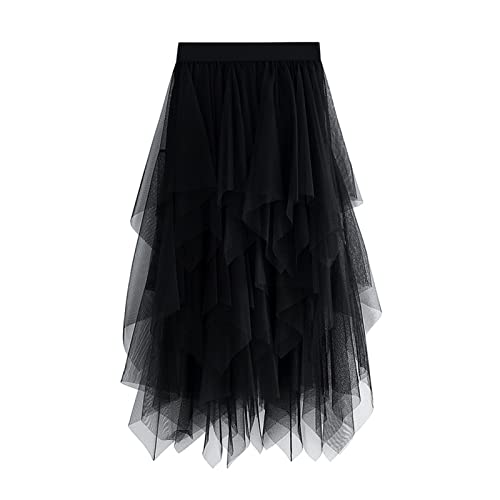 Falda Tul Irregular Midi Falda Plisada en Capas Mujer Falda Larga Tutú Elegante Verano Maxi Falda Asimétrica de Malla Falda Cintura Elástica de Ballet Fiesta (Negro, Talla única)