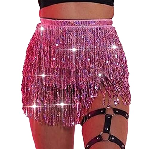 Faldas con borlas y lentejuelas para mujeres Falda con flecos para fiestas y discotecas, Rosa., Talla única