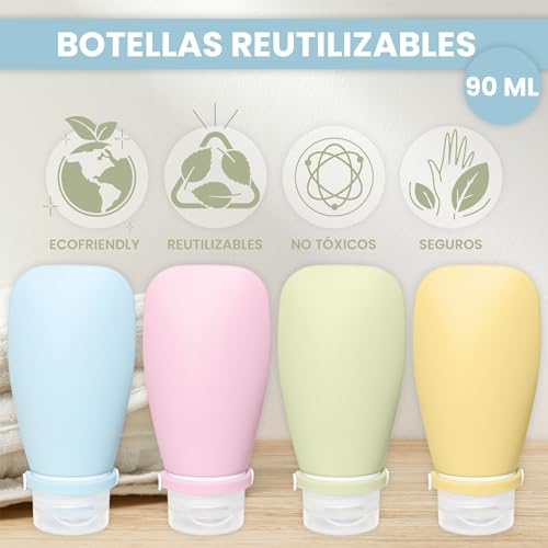 FAMOCA 4 Botes Viaje Rellenables 100ml De Silicona Con Cierre De Seguridad Libres De BPA - Botes Para Gel Y Champu Para Hombre Y Mujer - Botes Rellenables Viaje, Gimnasio, Salsas Con Etiquetas