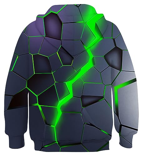 Fanient Sudaderas con Capucha con Estampado de Grietas de Lava Verde en 3D para niños y niñas, Sudaderas Divertidas de 12 a 13 años