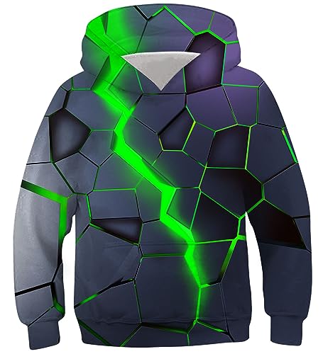 Fanient Sudaderas con Capucha con Estampado de Grietas de Lava Verde en 3D para niños y niñas, Sudaderas Divertidas de 12 a 13 años