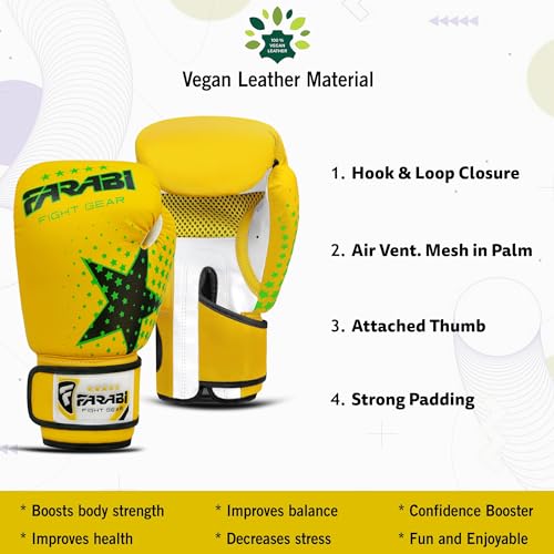 Farabi Sports guantes boxeo niño Niños y niñas guantes boxeo 6-oz Youth, Junior guantes de boxeo niño para MMA, Muay Thai, saco de boxeo y entrenamiento para edades de 5 a 10 años (Yellow, 6-oz)