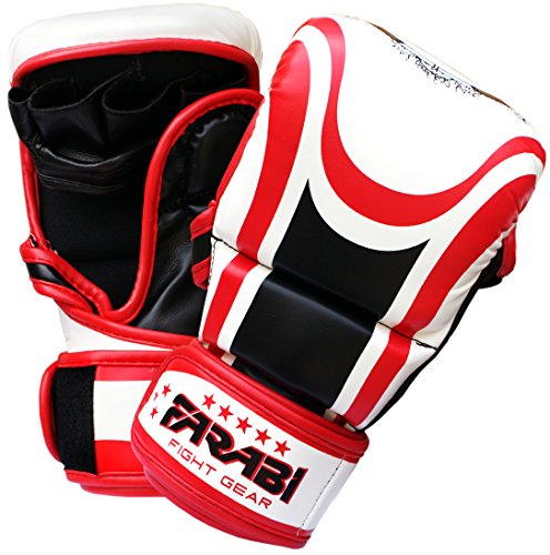 Farabi Sports Hybrid Semi Pro MMA Guantes de Entrenamiento 7oz Grappling Sparring Guantes (White/Red, L/XL)