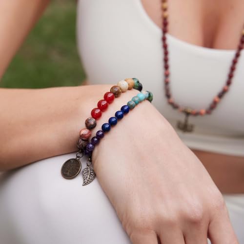 Farfume Pulseras de chakra para mujer - Pulsera de cristales de piedras curativas para mujer Piedras preciosas naturales Yoga Reiki Brazalete - Un juego de pulseras dobles(Pulsera de Chakras)