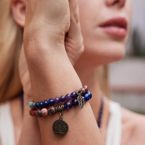 Farfume Pulseras de chakra para mujer - Pulsera de cristales de piedras curativas para mujer Piedras preciosas naturales Yoga Reiki Brazalete - Un juego de pulseras dobles(Pulsera de Chakras)