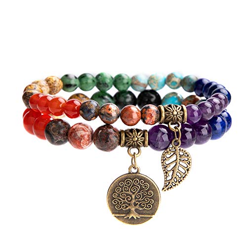 Farfume Pulseras de chakra para mujer - Pulsera de cristales de piedras curativas para mujer Piedras preciosas naturales Yoga Reiki Brazalete - Un juego de pulseras dobles(Pulsera de Chakras)