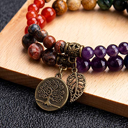 Farfume Pulseras de chakra para mujer - Pulsera de cristales de piedras curativas para mujer Piedras preciosas naturales Yoga Reiki Brazalete - Un juego de pulseras dobles(Pulsera de Chakras)