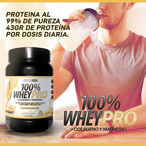 Farmafusion 100% Whey Protein con Colágeno y Magnesio, 43 gramos de Proteína pura Por Toma, 0% Azúcares, Vainilla, 1000 g