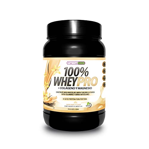 Farmafusion 100% Whey Protein con Colágeno y Magnesio, 43 gramos de Proteína pura Por Toma, 0% Azúcares, Vainilla, 1000 g