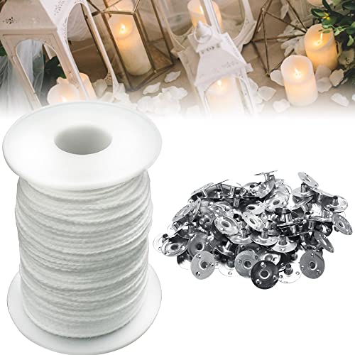 Favengo Rollo de Mecha de Algodon para Velas 61m Mechas para Velas Caseras Pabilo de Vela Cuerda de Algodon para Velas Ecológicas Velas de Soja/Aceite Velas Aromatizadas + 100 Portamechas para Velas