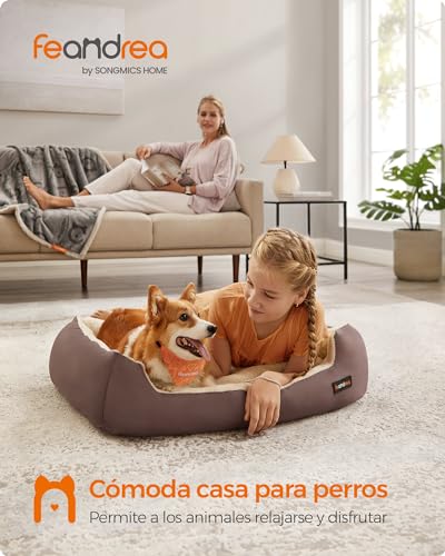 Feandrea Cama para Perros, Sofá Cama para Mascotas, Alfombra Extraíble y Reversible, Bordes Elevados, Base Antideslizante, Talla L, 85 x 65 x 21 cm, Marrón Café y Beige Arena PGW04Z