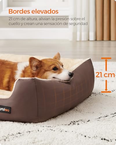 Feandrea Cama para Perros, Sofá Cama para Mascotas, Alfombra Extraíble y Reversible, Bordes Elevados, Base Antideslizante, Talla L, 85 x 65 x 21 cm, Marrón Café y Beige Arena PGW04Z