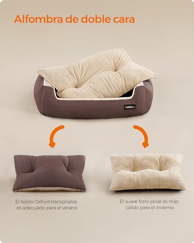 Feandrea Cama para Perros, Sofá Cama para Mascotas, Alfombra Extraíble y Reversible, Bordes Elevados, Base Antideslizante, Talla L, 85 x 65 x 21 cm, Marrón Café y Beige Arena PGW04Z