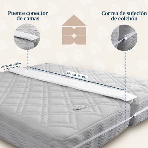 FeelAtHome Cuña de Unir Colchones - 20 cm - Puente de Cama Convertidor de Cama Individual a Cama de Matrimonio – Conector de Colchón y Correa de Sujeción para una Cómoda Cama de Invitados