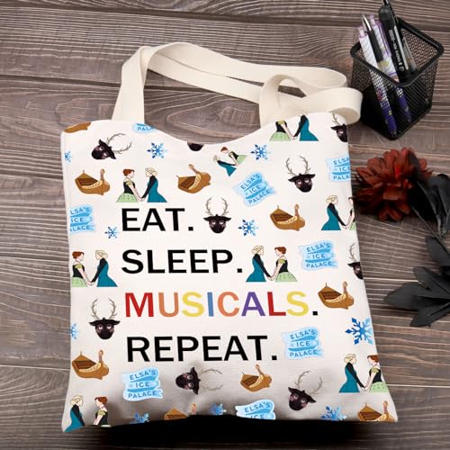 FEELMEM Elsa Anna - Bolsa de mano musical con texto en inglés "Eat Sleep Musicals Repeat Theatre", regalo para fanáticos de Broadway, beige, Medium