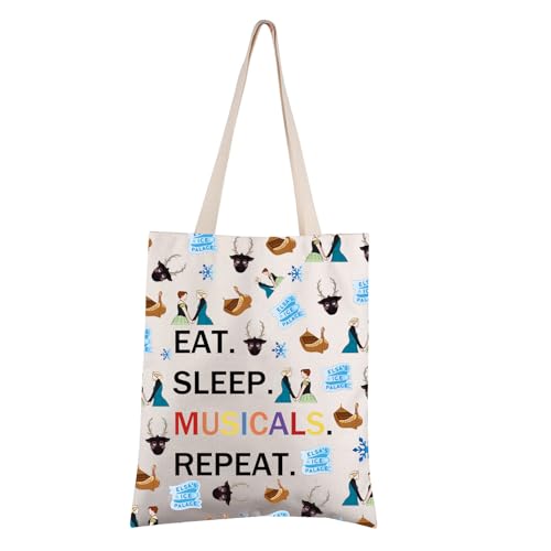 FEELMEM Elsa Anna - Bolsa de mano musical con texto en inglés "Eat Sleep Musicals Repeat Theatre", regalo para fanáticos de Broadway, beige, Medium