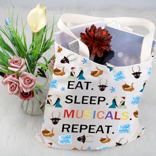 FEELMEM Elsa Anna - Bolsa de mano musical con texto en inglés "Eat Sleep Musicals Repeat Theatre", regalo para fanáticos de Broadway, beige, Medium