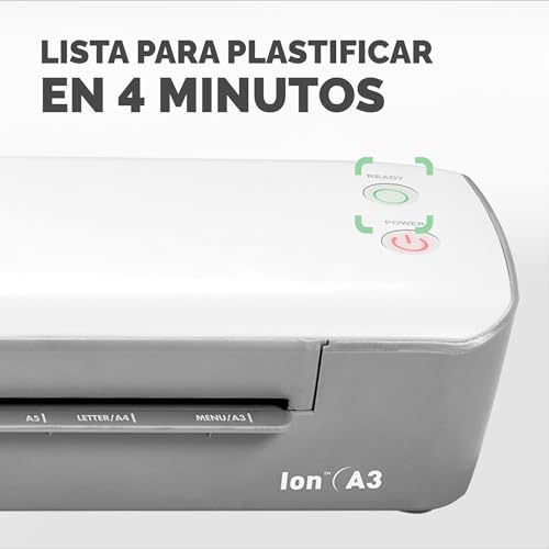 Fellowes Ion A3 - Plastificadora de documentos, para uso ocasional, lista para usar en 4 min, plastificadora A3 con apagado automático, 80-125 micras, 10 fundas de plastificar gratis, color blanco