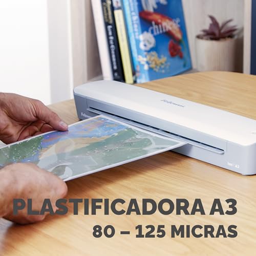 Fellowes Ion A3 - Plastificadora de documentos, para uso ocasional, lista para usar en 4 min, plastificadora A3 con apagado automático, 80-125 micras, 10 fundas de plastificar gratis, color blanco