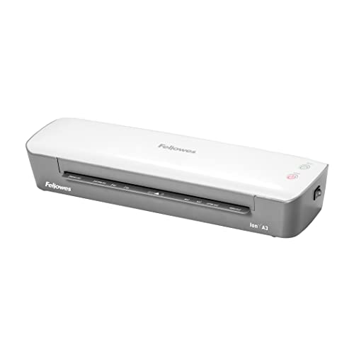 Fellowes Ion A3 - Plastificadora de documentos, para uso ocasional, lista para usar en 4 min, plastificadora A3 con apagado automático, 80-125 micras, 10 fundas de plastificar gratis, color blanco