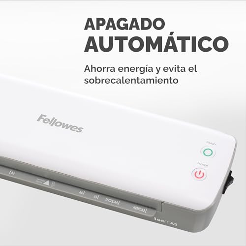 Fellowes Ion A3 - Plastificadora de documentos, para uso ocasional, lista para usar en 4 min, plastificadora A3 con apagado automático, 80-125 micras, 10 fundas de plastificar gratis, color blanco