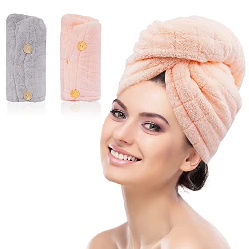 Fenfang Toalla Microfibra Pelo, Turbante Toalla de Pelo de Secado Rápido con Botones, Toalla Cabeza Mujer para Secar el Pelo Rizado Largo Grueso, 2 PCS Toallas para el Cabello Hair Towel Absorbente