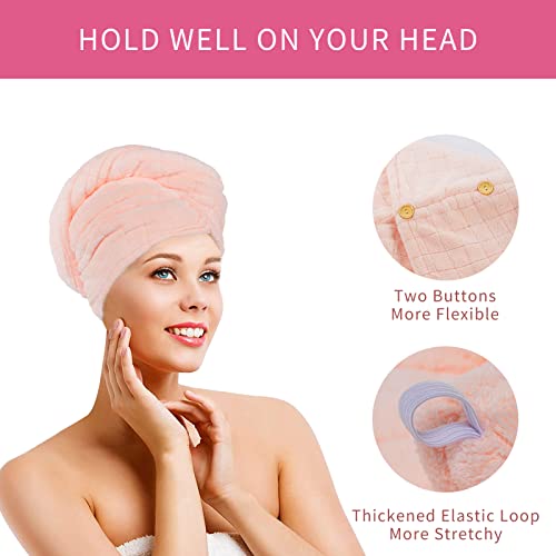 Fenfang Toalla Microfibra Pelo, Turbante Toalla de Pelo de Secado Rápido con Botones, Toalla Cabeza Mujer para Secar el Pelo Rizado Largo Grueso, 2 PCS Toallas para el Cabello Hair Towel Absorbente