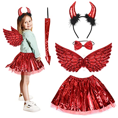 Fennoral 5 pz Juego disfraz diablo disfraz hada para niños disfraz diablo para niñas diadema cuernos diablo pajarita alas cola tutús para disfraz Halloween regalo fiesta cosplay imitación