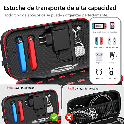 Fenolical Funda Compatible con Nintendo Switch y Switch OLED, Estuche Dura, Carcasa Rígida de Viaje para Consola, Adaptador AC, Joy-con, 20 Cartuchos de Juegos y Accesorio etc