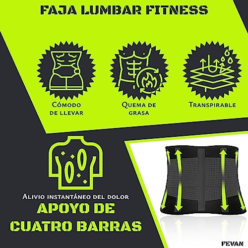 FEVAN Faja Lumbar Hombre y Mujer - Faja Abdominal Hombre y Mujer con Doble Ajuste de Velcro y Soportes Lumbares - Cinturon Lumbar para Aliviar Dolor de Espalda.(L/XL, Negro). (S/M, Negro)