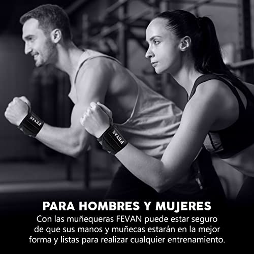 FEVAN Pack 2 Muñequeras Gym Ajustable - Muñequera Tendinitis Muñeca - Muñequeras Crossfit Unisex - Muñequera Deportiva - Muñequera Padel Tenis Fitness Pesas y Gimnasio. (Negro) (Noir)