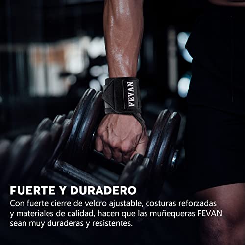 FEVAN Pack 2 Muñequeras Gym Ajustable - Muñequera Tendinitis Muñeca - Muñequeras Crossfit Unisex - Muñequera Deportiva - Muñequera Padel Tenis Fitness Pesas y Gimnasio. (Negro) (Noir)