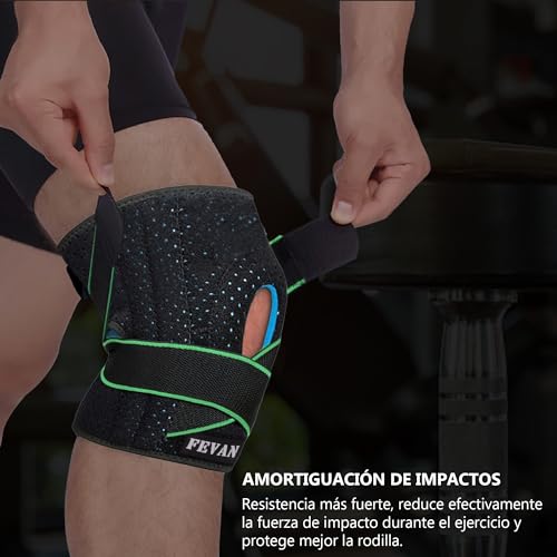 FEVAN Rodilleras Menisco y Ligamento Ajustable - Rodilleras Rotuliana Completa - Rodilleras Crossfit - Rodillera Unisex de Neopreno con Silicona (Verde/Negro)