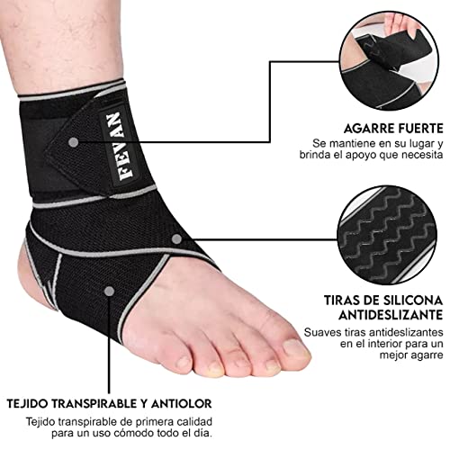 FEVAN Tobillera Para Esguince Antideslizante Ajustable - Tobillera Fascitis Plantar - Tobillera Estabilizadora - Tobillera Deportiva (Negro/Gris) (Gris/Negro)