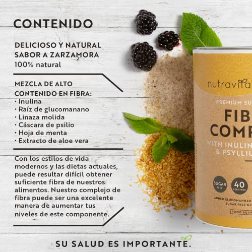 Fibra en polvo - Sabor a mora - Suplemento vegano con inulina, linaza y cáscara de psyllium - Alto contenido de fibra dietética soluble para apoyar el ritmo diario y la salud intestinal