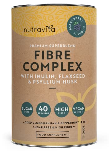 Fibra en polvo - Sabor a mora - Suplemento vegano con inulina, linaza y cáscara de psyllium - Alto contenido de fibra dietética soluble para apoyar el ritmo diario y la salud intestinal